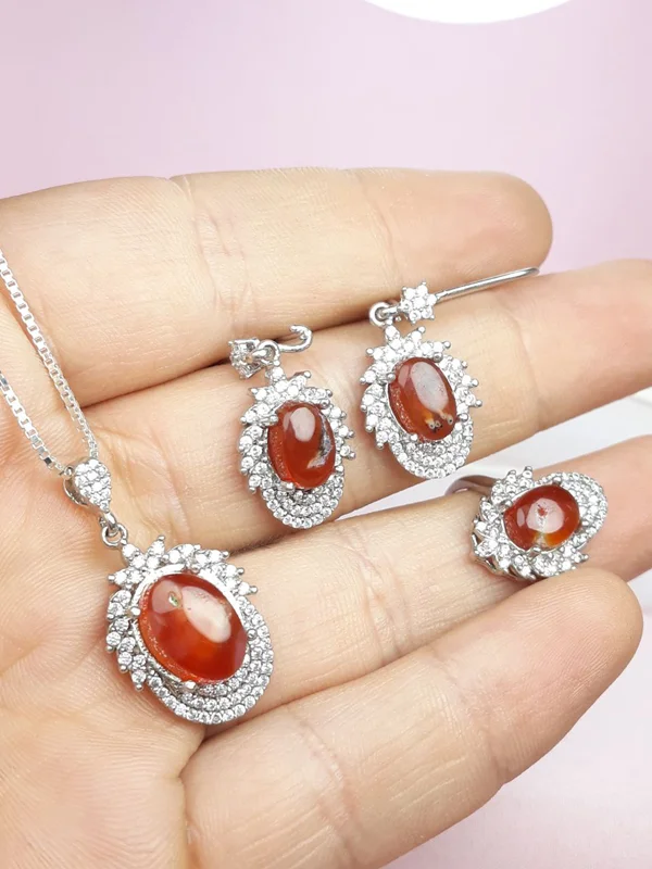 نیم ست نقره عقیق سرخ یمنی اصل روکش آب رادیوم