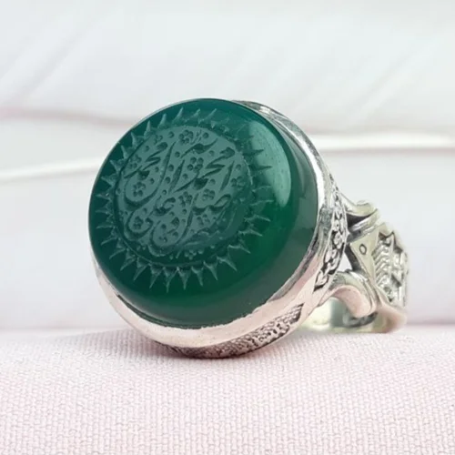 انگشتر نقره عقیق سبز خطی حکاکی صلوات