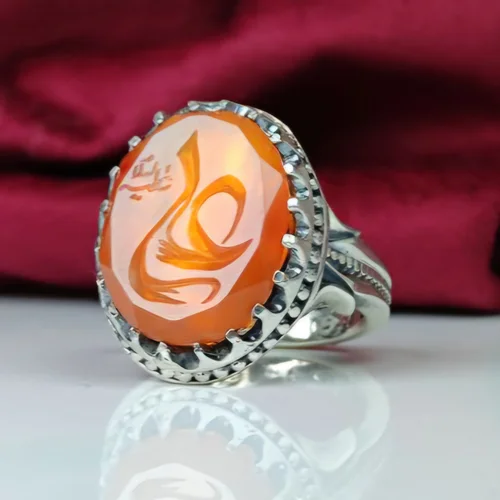 انگشتر نقره عقیق پرتقالی یمنی دو رنگ اصل حکاکی علی علیه السلام