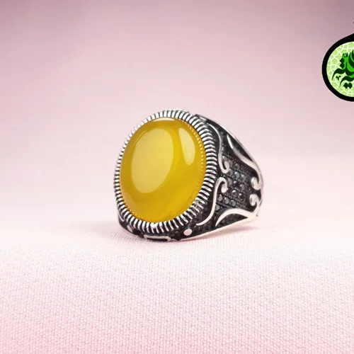 انگشترنقره عقیق زرد شرف الشمس اصل(دعای شرف الشمس)سایز نگین۱۲×۱۶
