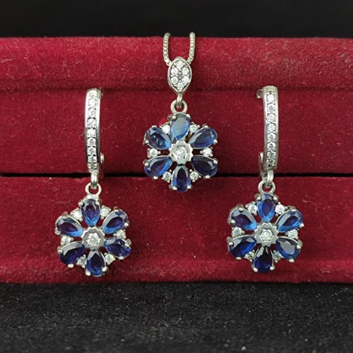 نیم ست نقره سنتاتیک آبی اشکی تراش