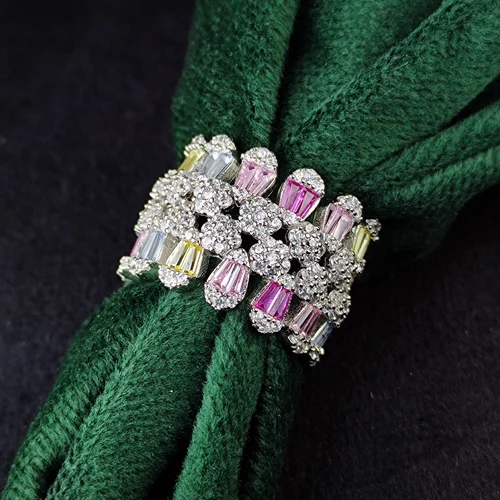 انگشتر نقره جواهری باگت های رنگی زنانه