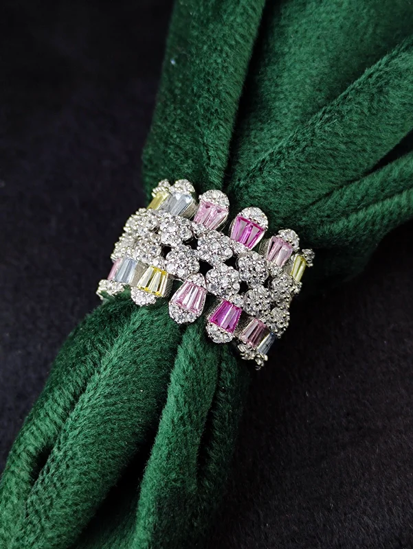 انگشتر نقره جواهری باگت های رنگی زنانه