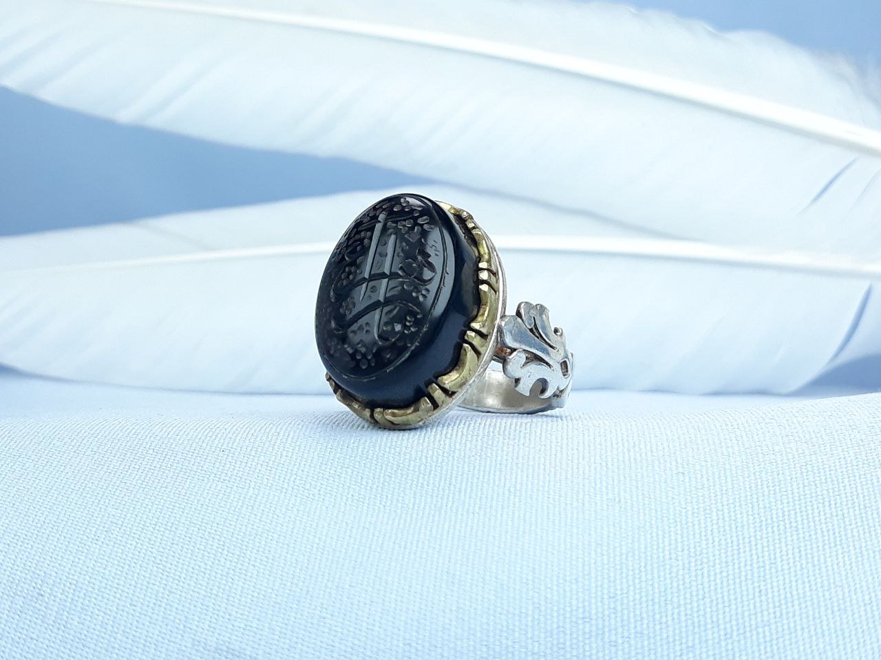 انگشتر نقره عقیق مشکی یا زهرا رکاب ماشینی