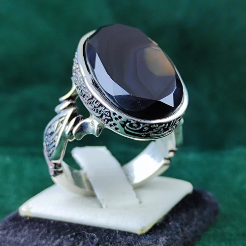 انگشتر نقره عقیق یمنی مشکی اصل الماس تراش رکاب صفوی دست ساز