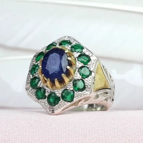 انگشتر نقره یاقوت کبود اصل تاج برنجی شبکه دار