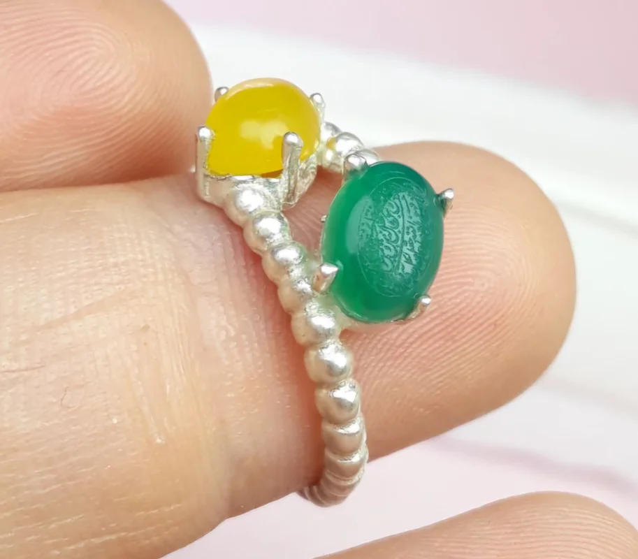 انگشتر نقره عقیق زرد و عقیق سبز حکاکی و من یتق الله