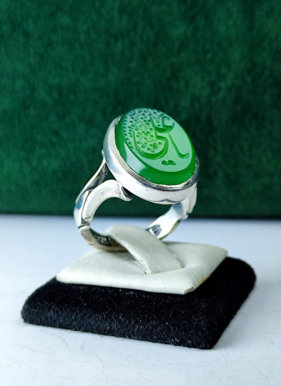 انگشتر نقره عقیق سبز  حکاکی یا علی (ع) رکاب صفوی ، ماشینی