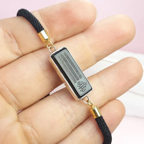 دستبند بافت عقیق مشکی حکاکی آیت الکرسی قاب نقره دست ساز