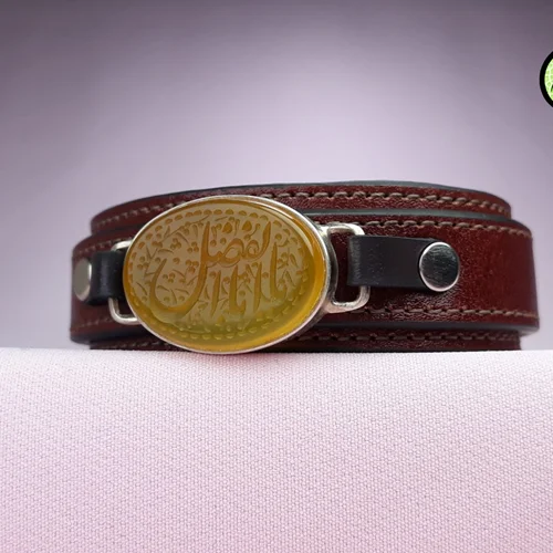 دستبندچرمی عقیق زردشرف الشمس اصل حکاکی یا ابوالفضل سایز ۱۸×۲۵