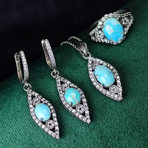 نیم ست نقره جواهری فیروزه نیشابوری اصل