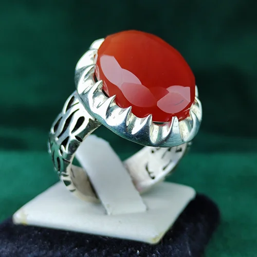 انگشتر نقره عقیق یمنی اصل الماس تراش  رکاب چنگی دست ساز