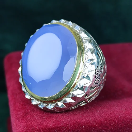 انگشتر نقره عقیق یمنی کبود الماس تراش رکاب فیلی دست ساز قلمزنی آینه کاری شده