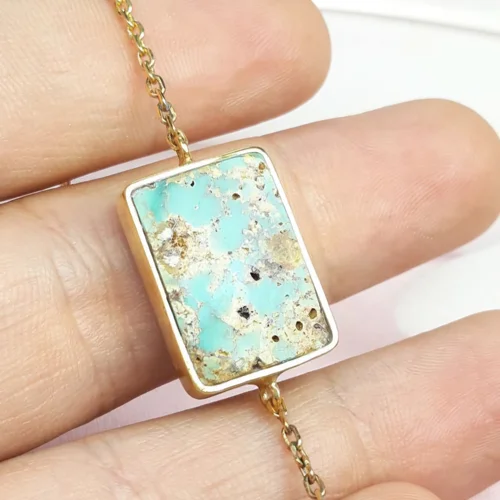 دستبندزنانه نقره فیروزه نیشابور اصل رکاب چهارگوش آبکاری طلایی