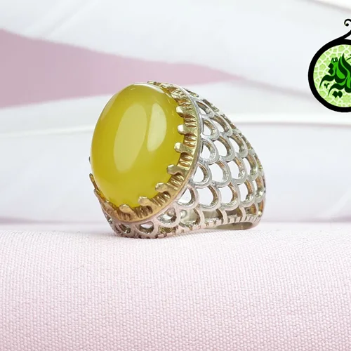 انگشترنقره عقیق زرد شرف الشمس اصل(مزین به دعای شرف الشمس)رکاب طرح پولکی