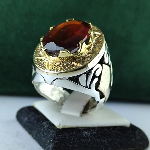 انگشتر نقره گارنت اصل مخراج هشت قطعه برلیان اصلی رکاب فیلی چنگی دست و ماشین  آینه کاری شده