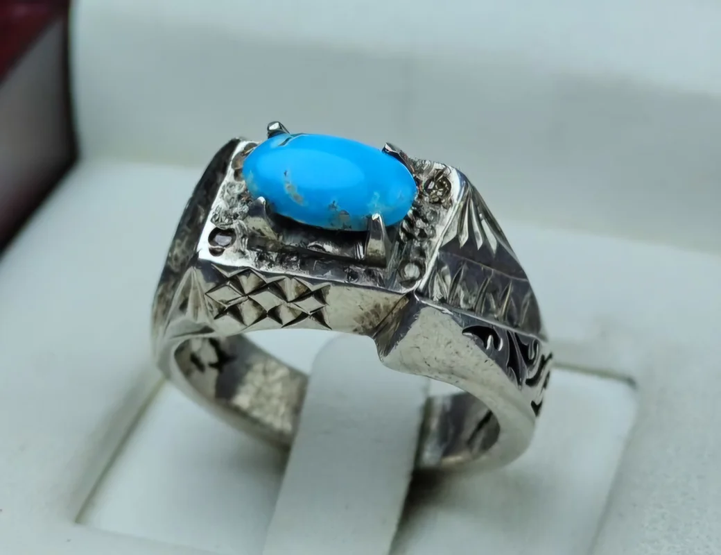 انگشتر نقره فیروزه نیشابور اصل رکاب دست ساز چهار عددمخراج برلیان