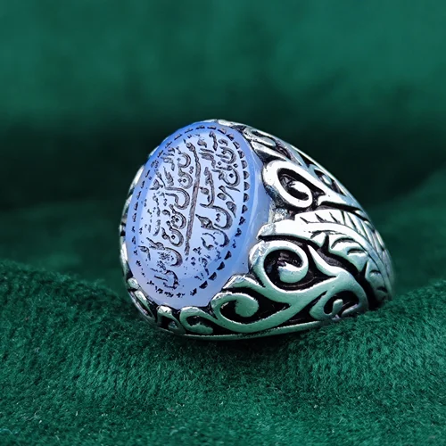 انگشتر نقره عقیق یمنی کبود اصل حکاکی و من یتق الله... رکاب فیلی طرح قلمزنی