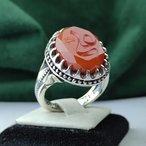 انگشتر نقره عقیق یمنی اصل الماس تراش  حکاکی علی (ع) رکاب صفوی چنگی ، ماشینی