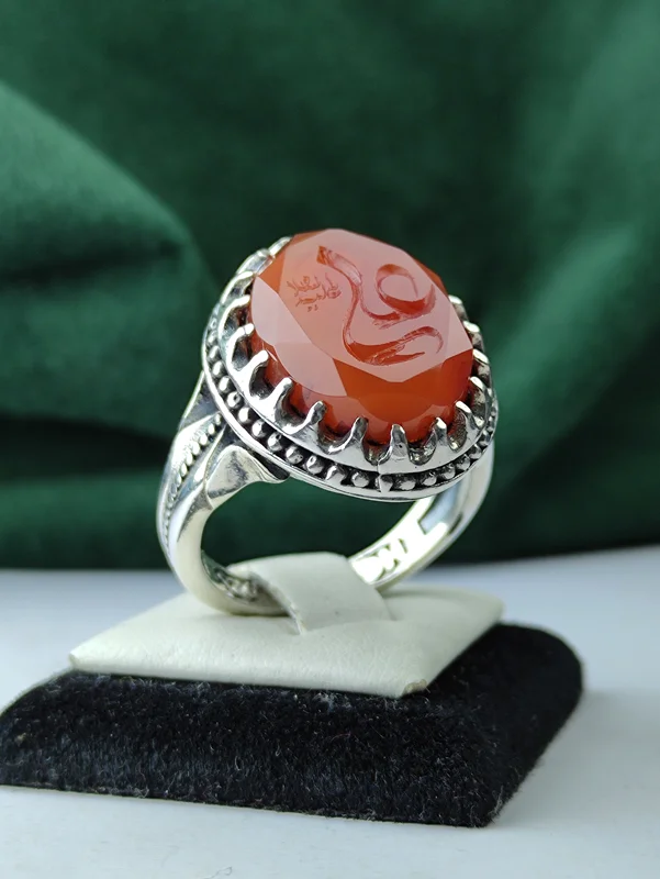 انگشتر نقره عقیق یمنی اصل الماس تراش  حکاکی علی (ع) رکاب صفوی چنگی ، ماشینی
