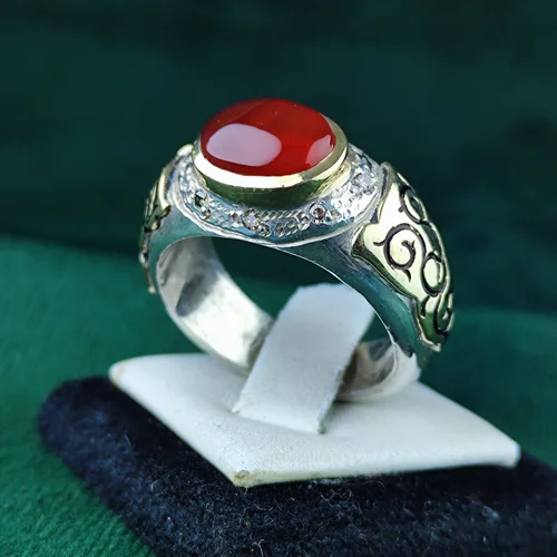 انگشتر نقره عقیق یمنی اصل مخراج هشت قطعه برلیان اصل رکاب فیلی دست ساز