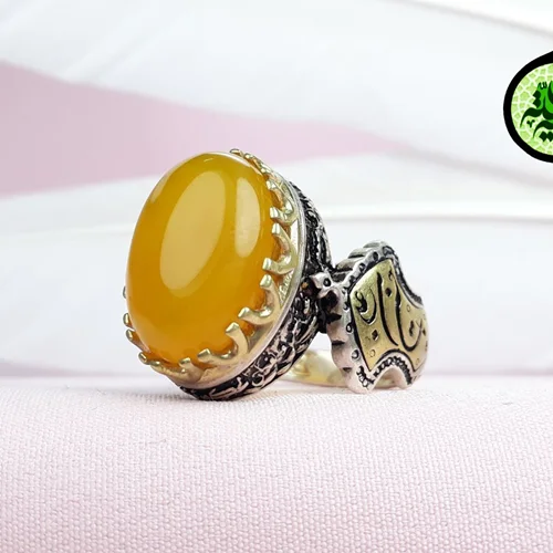 انگشترنقره عقیق زرد شرف الشمس اصل(مزین به دعای شرف الشمس)بغل رکاب حسین ابن علی