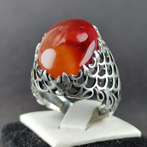 انگشترنقره عقیق یمنی اصل رکاب فیلی چنگی مدل پولکی