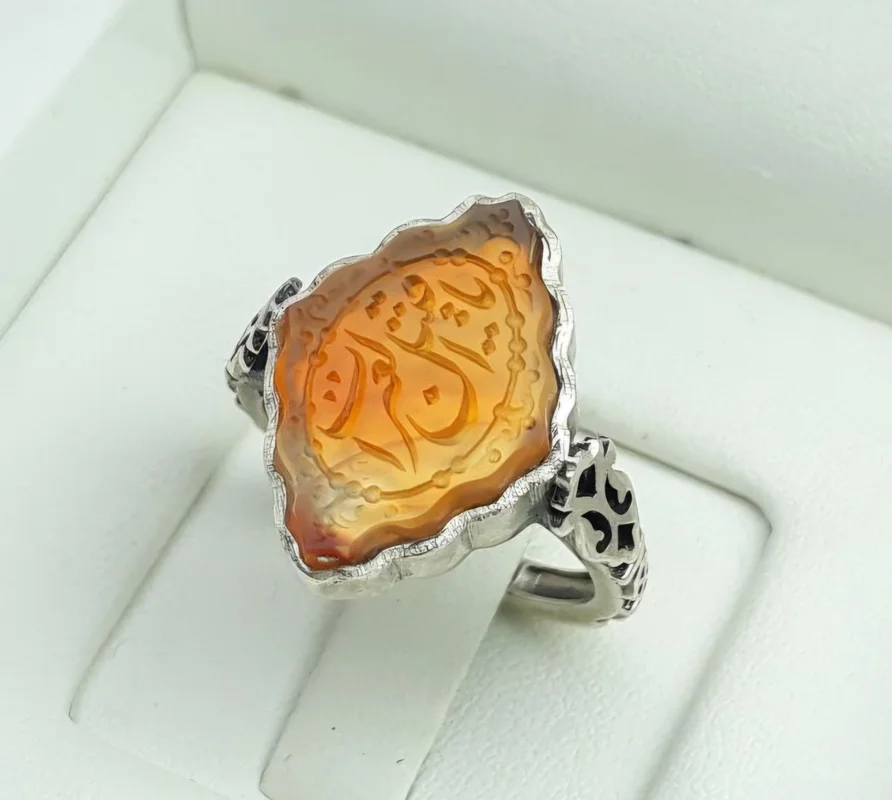 انگشتر نیره عقیق پرتقالی یمنی تراش شمسه حکاکی یا قتیل العبرات