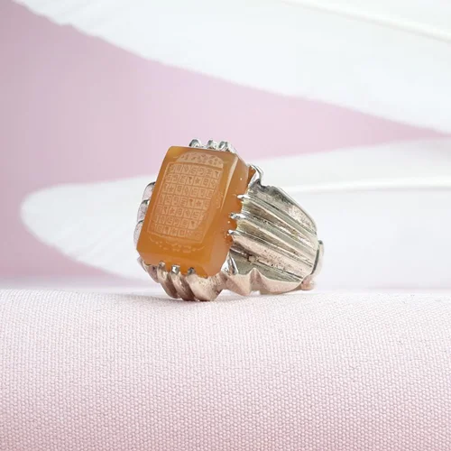 انگشترنقره عقیق پرتقالی خطی حکاکی جدول هفت شرف رکاب دست ساز