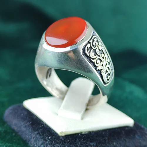 انگشتر نقره عقیق یمنی اصل رکاب فیلی دست ساز قلمزنی لیزری شده