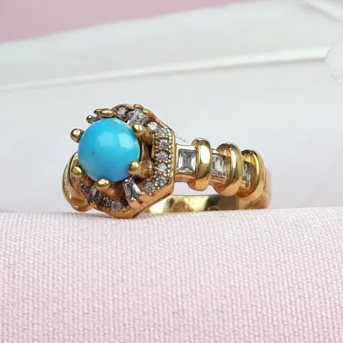 انگشترزنانه نقره فیروزه نیشابوری اصل آبکاری طلایی