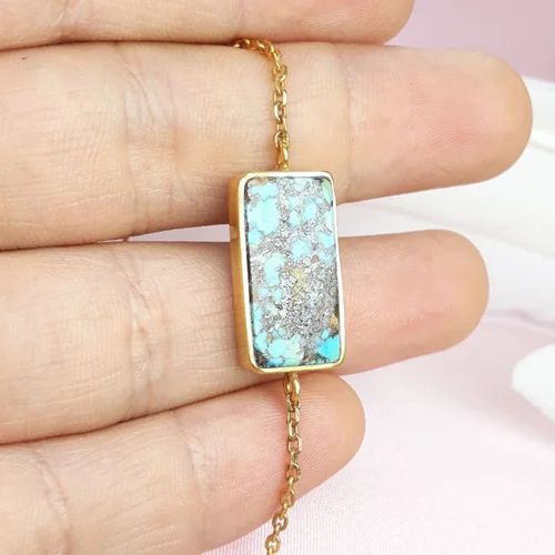 دستبند نقره زنانه فیروزه نیشابور اصل چهارگوش ابکاری طلایی