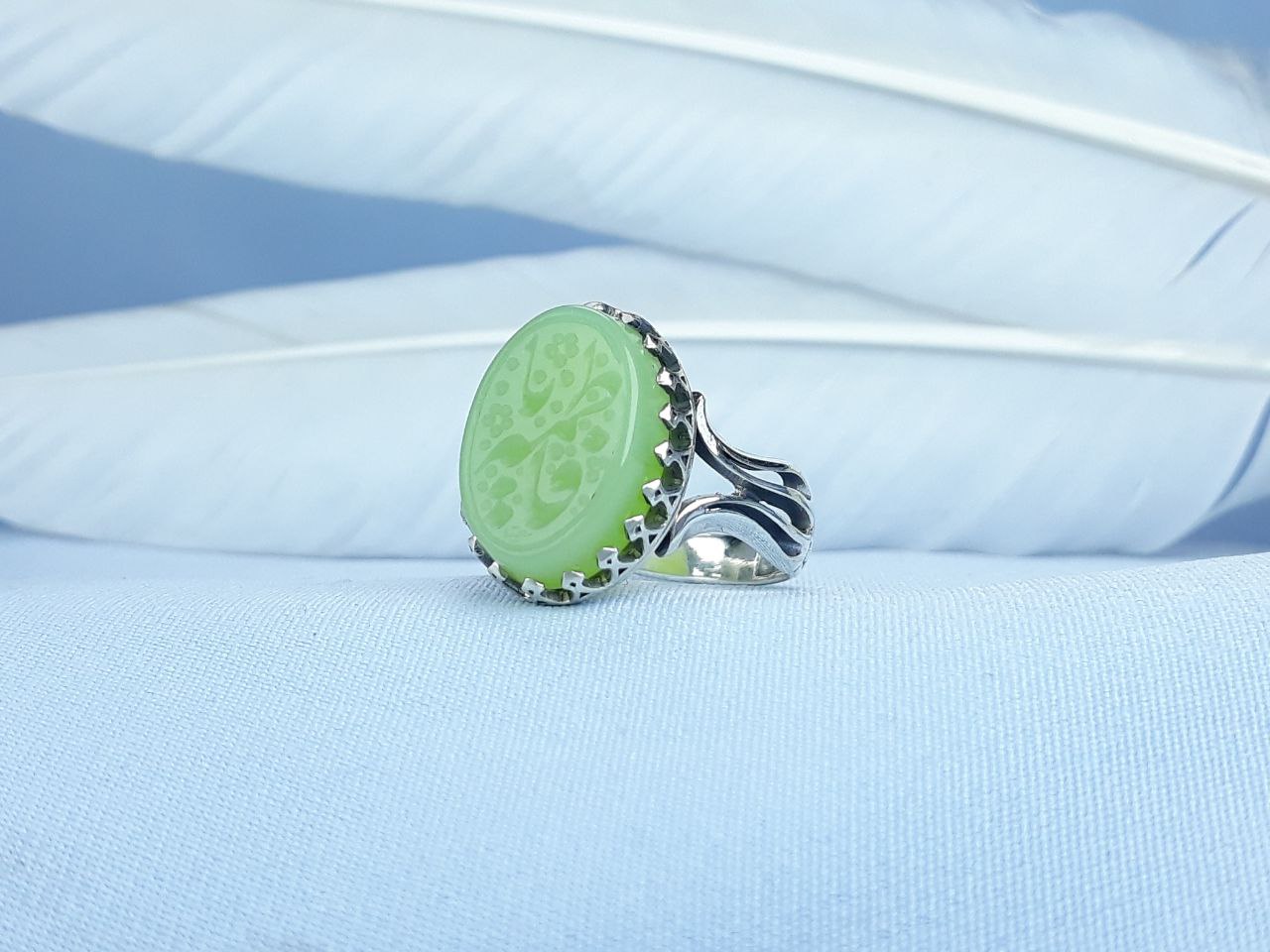 انگشتر نقره عقیق سبز کاهویی یا فاطمه  رکاب ماشینی