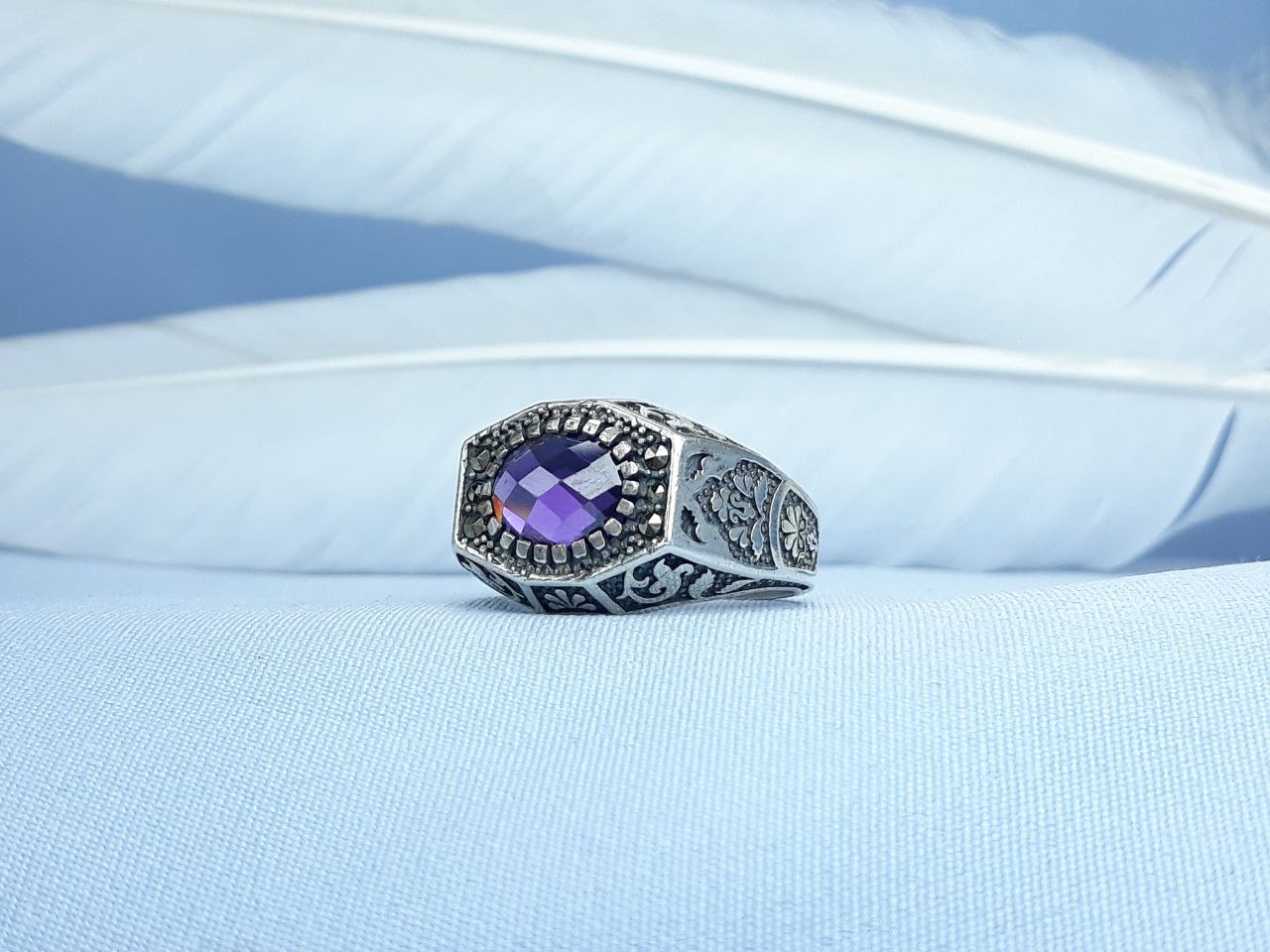 انگشتر نقره اسپرت طرح آماتیس رکاب ماشینی