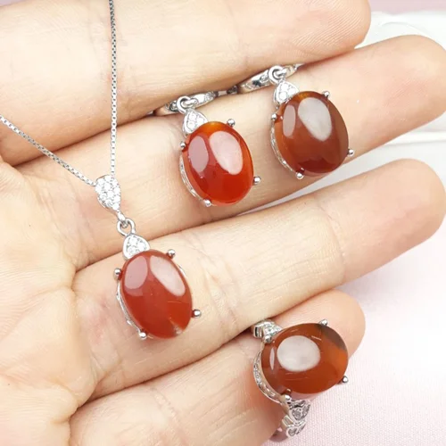 نیم ست زنانه نقره عقیق سرخ یمنی اصل همراه زنجیرونیزی