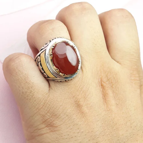 انگشترنقره عقیق سرخ یمنی اصل رکاب دست ساز تاج برنجی