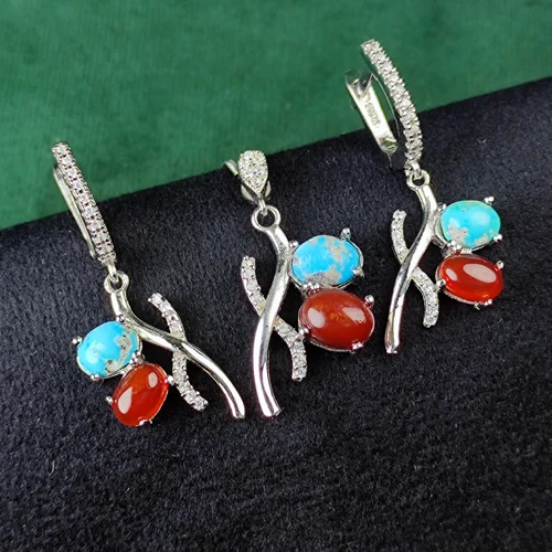 نیم ست نقره دو نگینه فیروزه نیشابوری و عقیق قرمز