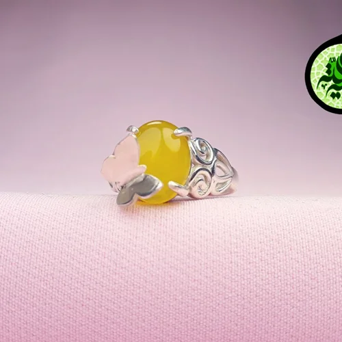 انگشترنقره عقیق زرد شرف الشمس اصل زنانه (دعای شرف الشمس) طرح پروانه ای بازو طرح دار