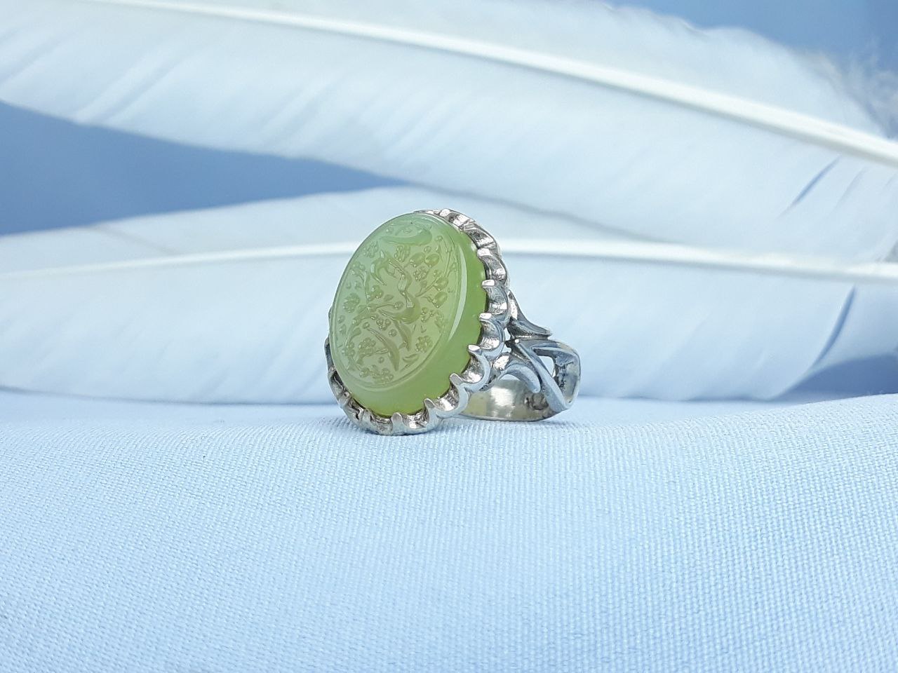 انگشتر نقره عقیق سبز کاهویی یا حیدر  رکاب ماشینی