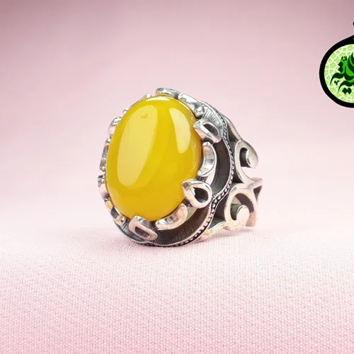 انگشترنقره عقیق زرد شرف الشمس اصل(دعای شرف الشمس)بغل رکاب چنگ اشکی سایز ۱۵×۲۰