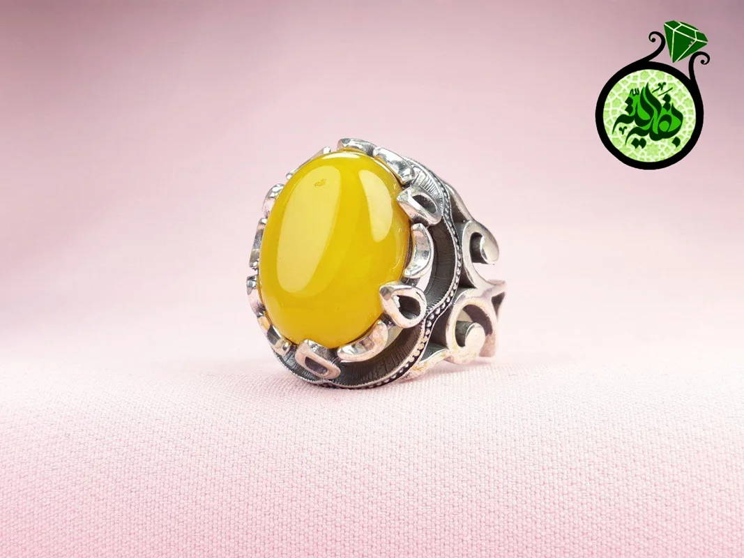 انگشترنقره عقیق زرد شرف الشمس اصل(دعای شرف الشمس)بغل رکاب چنگ اشکی سایز ۱۵×۲۰