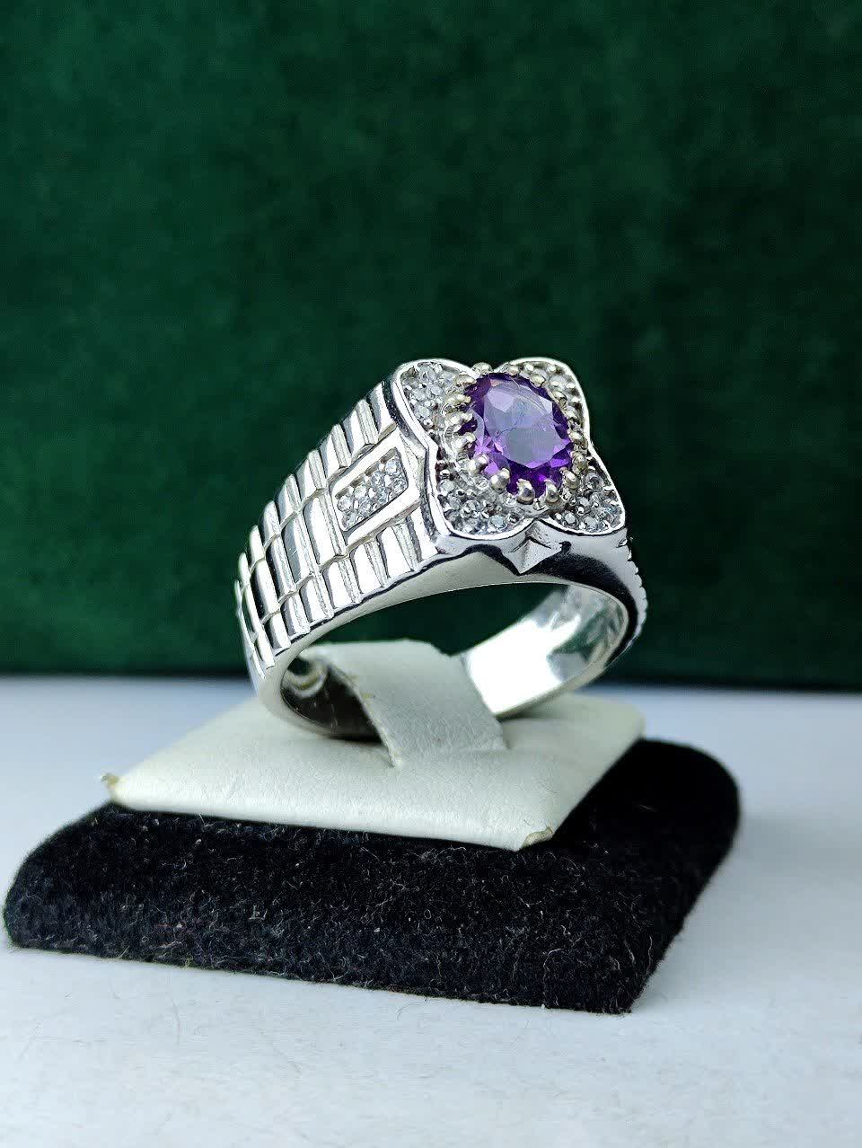 انگشتر نقره آماتیس اصل رکاب چنگی مخراجکاری شده  دارای آبکاری رادیوم سفید