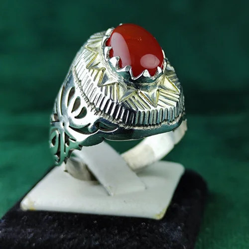 انگشتر نقره عقیق یمنی اصل رکاب فیلی چنگی دست ساز آینه کاری شده