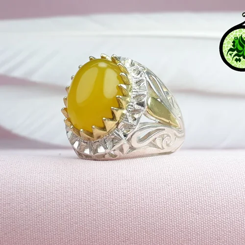 انگشترنقره عقیق زرد شرف الشمس اصل(مزین به دعای شرف الشمس)بغل رکاب شبکه تاج برنجی