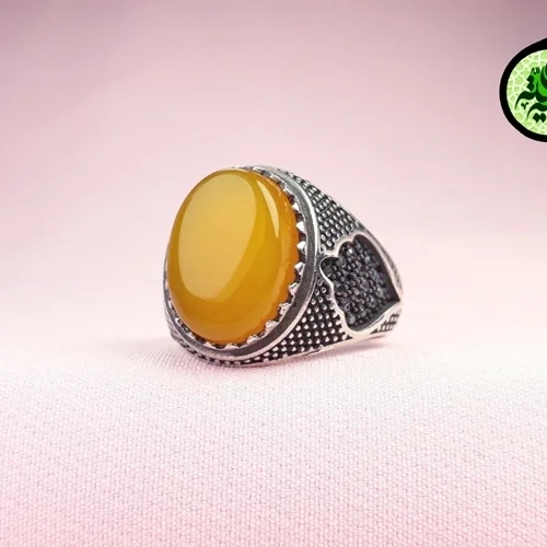 انگشترنقره عقیق زرد شرف الشمس اصل(دعای شرف الشمس)سایز نگین ۱۲×۱۶