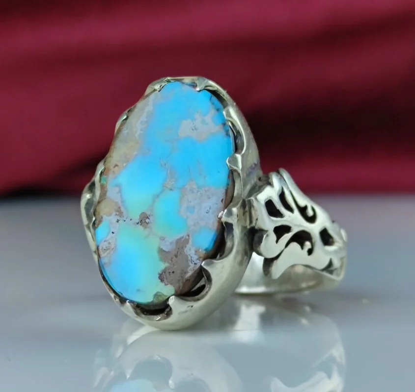 انگشتر نقره فیروزه نیشابور اصل رکاب دست ساز بغل گل