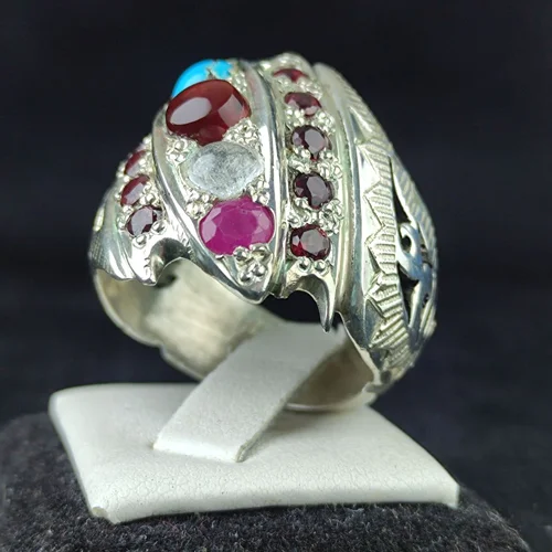 انگشترنقره پنج نگین سنگ اصل مخراج گارنت اصل رکاب فیلی دست ساز