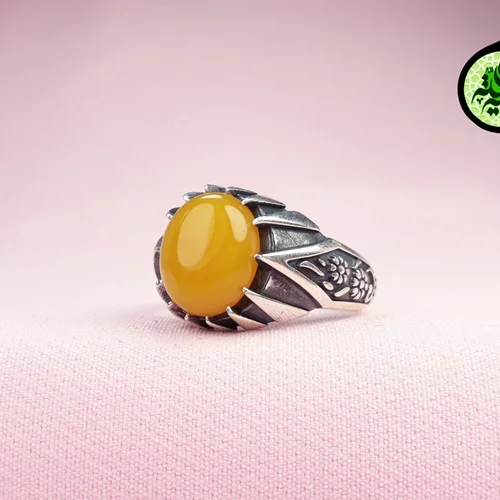 انگشترنقره عقیق زرد شرف الشمس اصل(دعای شرف الشمس)بغل گل سایز ۱۰×۱۲