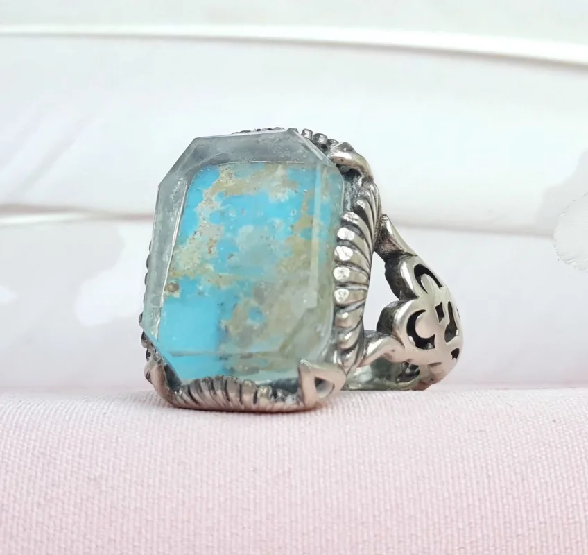 انگشتر نقره درنجف و فیروزه نیشابوری اصل رکاب تراش هشت ضلعی بغل گل