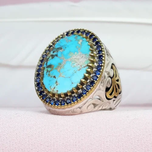 انگشتر نقره فیروزه نیشابور اسپرت رکاب تاج برنجی مخراج کاری شده